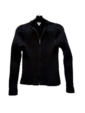 L.L.Bean Women’s Small Black Cable Knit Zip Cardigan Sweater Classic Old Money